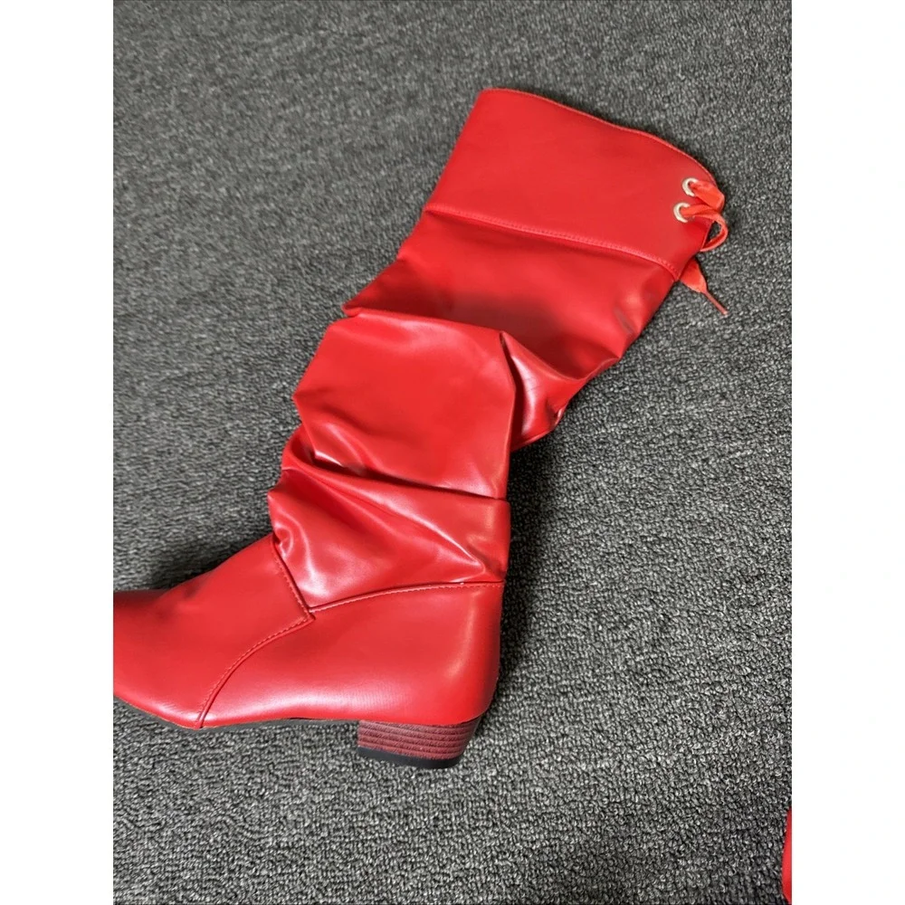 Women's Pull On Knee High Boots RED Shiny Faux Leather w/Decorative Ties 39 1109